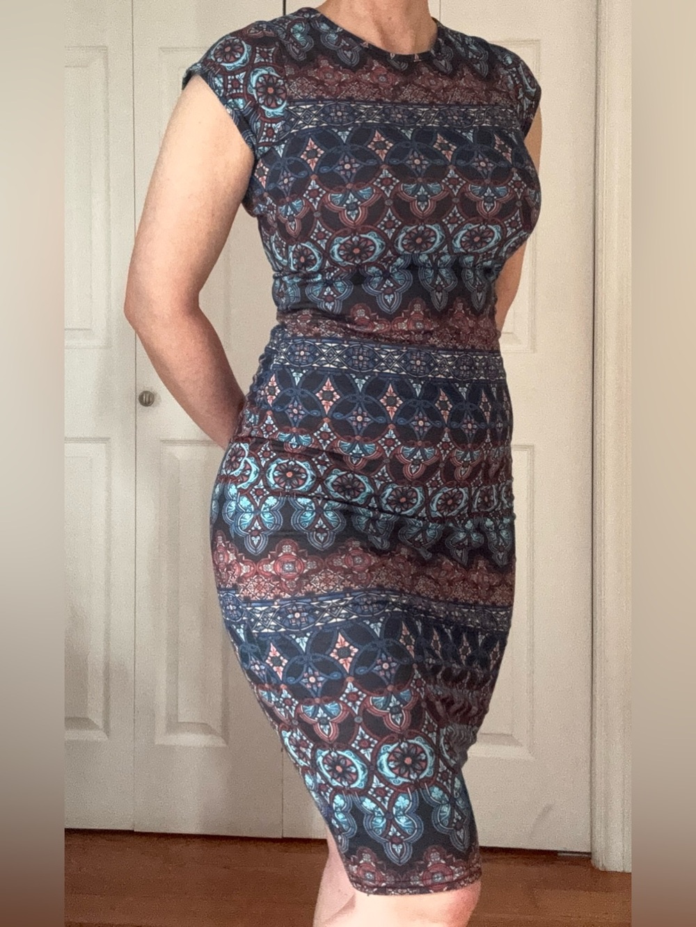 Printed Midi Sheath Dress in Navy, Teal and Burgundy